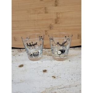 2 Vintage Libbey Curio Horse & Buggy Whiskey Tumblers, Retro Old Fashion Glasses